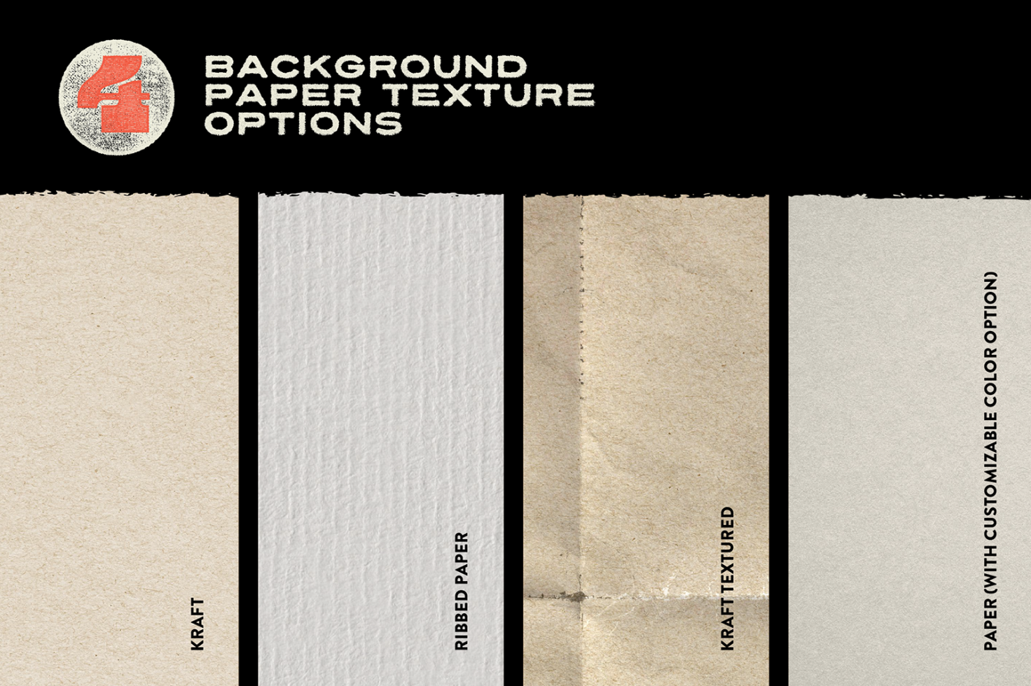 Paper texture mockup options showing Kraft, Ribbed, Textured and Customizable color samples for design backgrounds or materials.